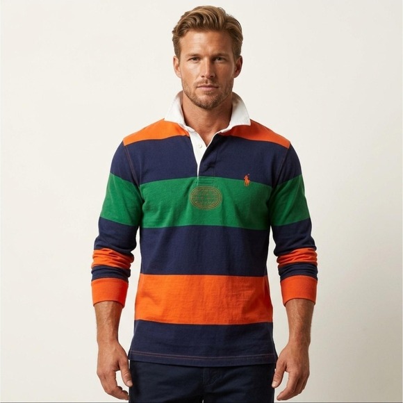 Polo Ralph Lauren Other - Polo Ralph Lauren Rugby Shirt Mens Small Orange Green Navy Striped Long Sleeve